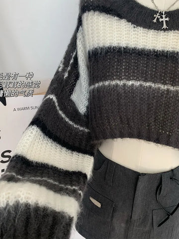 Getadme-Y2K Cropped Black Sweater Korean Style Women Striped Jumper Vintage Female Autumn Long Sleeve Crewneck Pullovers Tops New